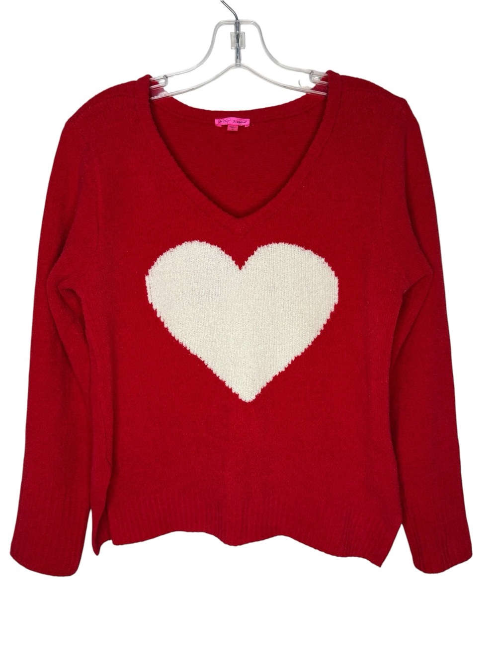 Betsey Johnson Red Heart Sweater V Neck Cozy Knit Size Small